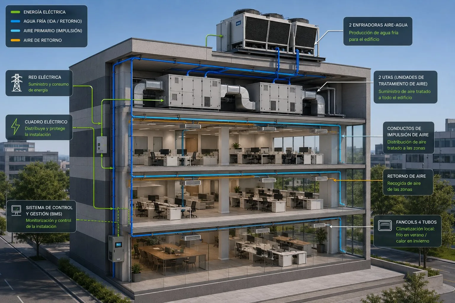 Sección de un edificio terciario con su instalación de climatización: enfriadoras aire-agua, unidades de tratamiento de aire (UTAs), fancoils a 4 tubos y sistema de control y gestión (BMS)